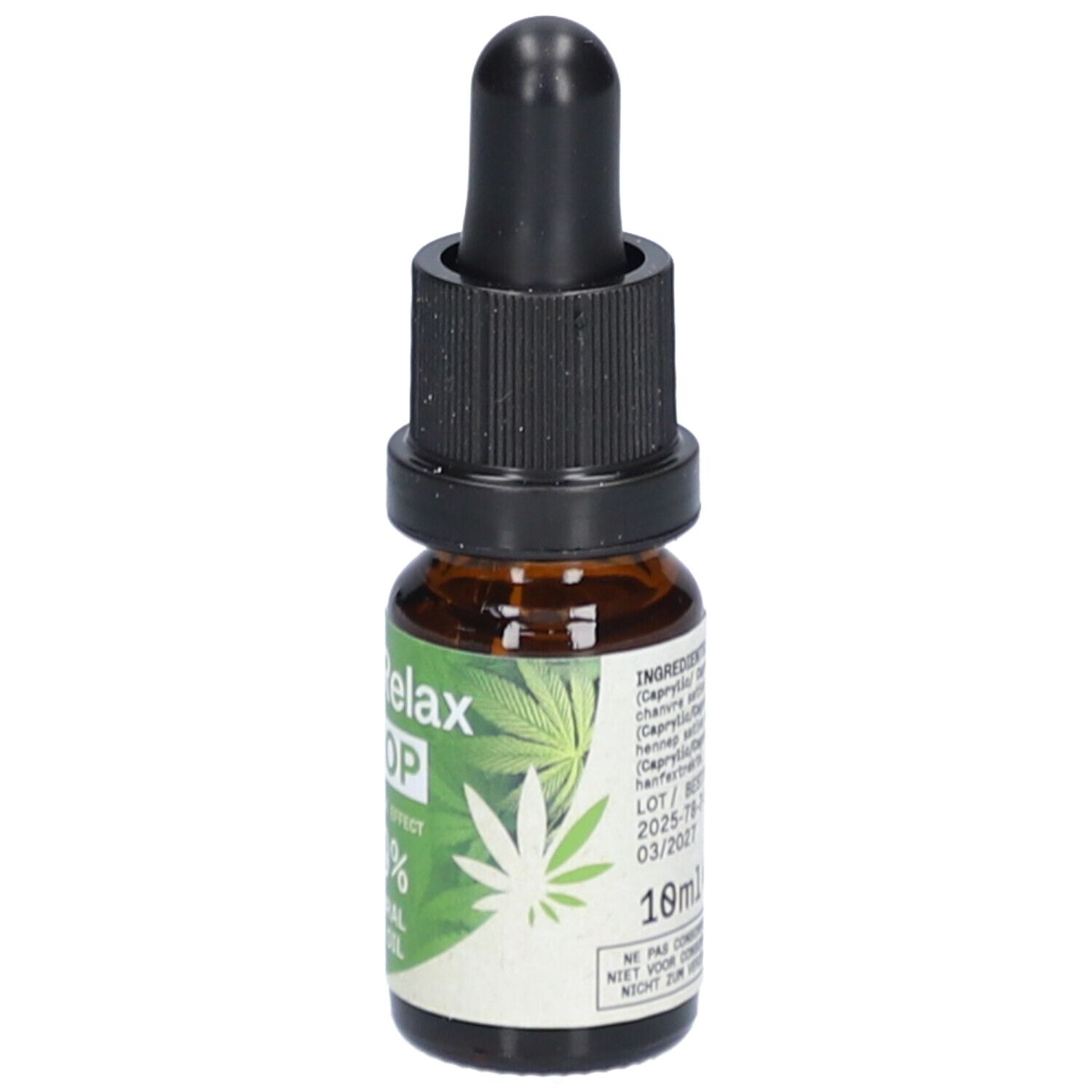 Flacon en verre brun avec compte-gouttes noir. Étiquette avec ingrédients, numéro de lot et date de péremption.