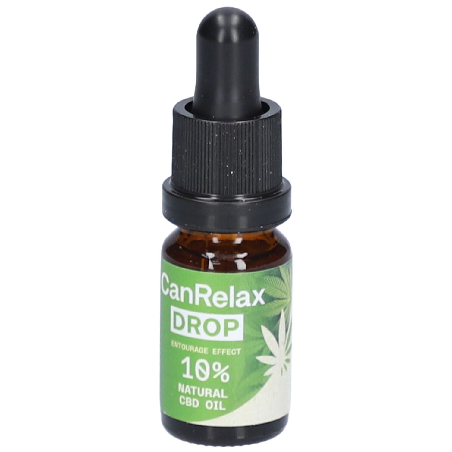 Flacon en verre brun avec compte-gouttes noir. Étiquette "CanRelax DROP", "10% NATURAL CBD OIL".