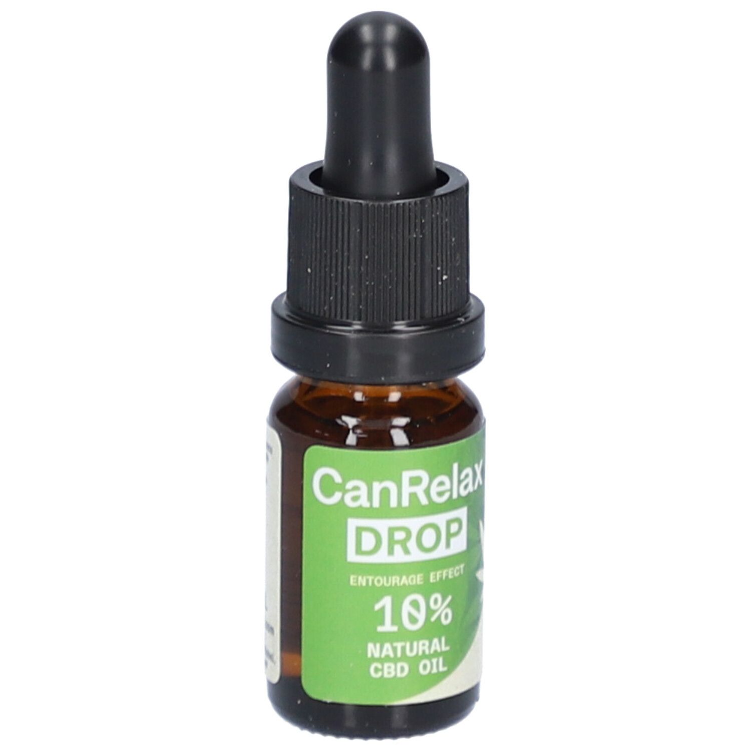 Flacon en verre brun avec compte-gouttes noir. Étiquette "CanRelax DROP", "10% NATURAL CBD OIL".