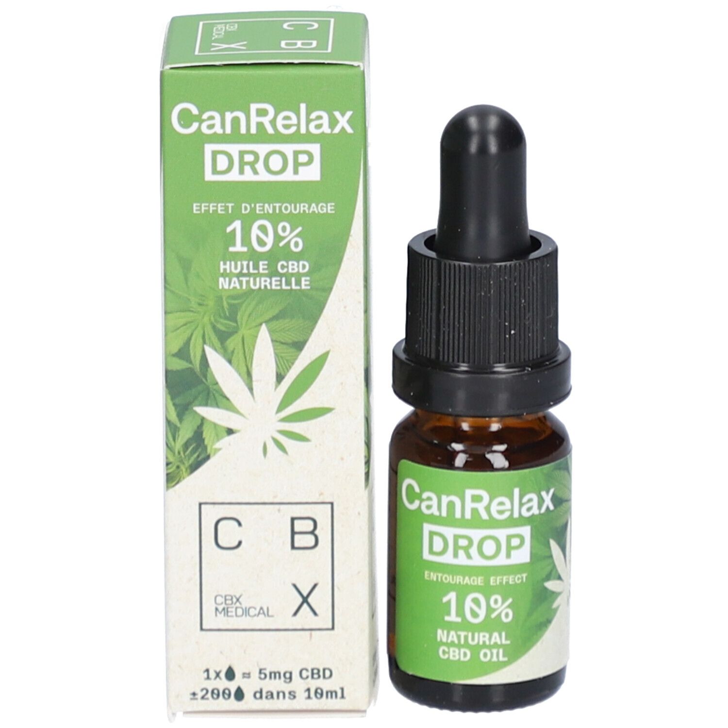 Emballage du produit avec flacon et compte-gouttes. Inscription "CanRelax DROP", "10% NATURAL CBD OIL".