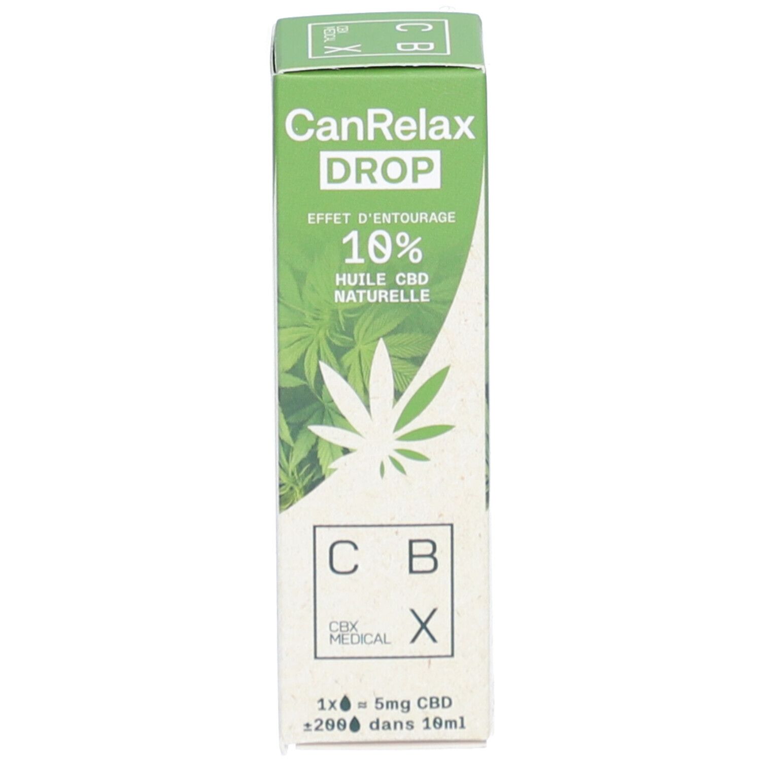 Emballage du produit avec flacon et compte-gouttes. Inscription "CanRelax DROP", "10% NATURAL CBD OIL".