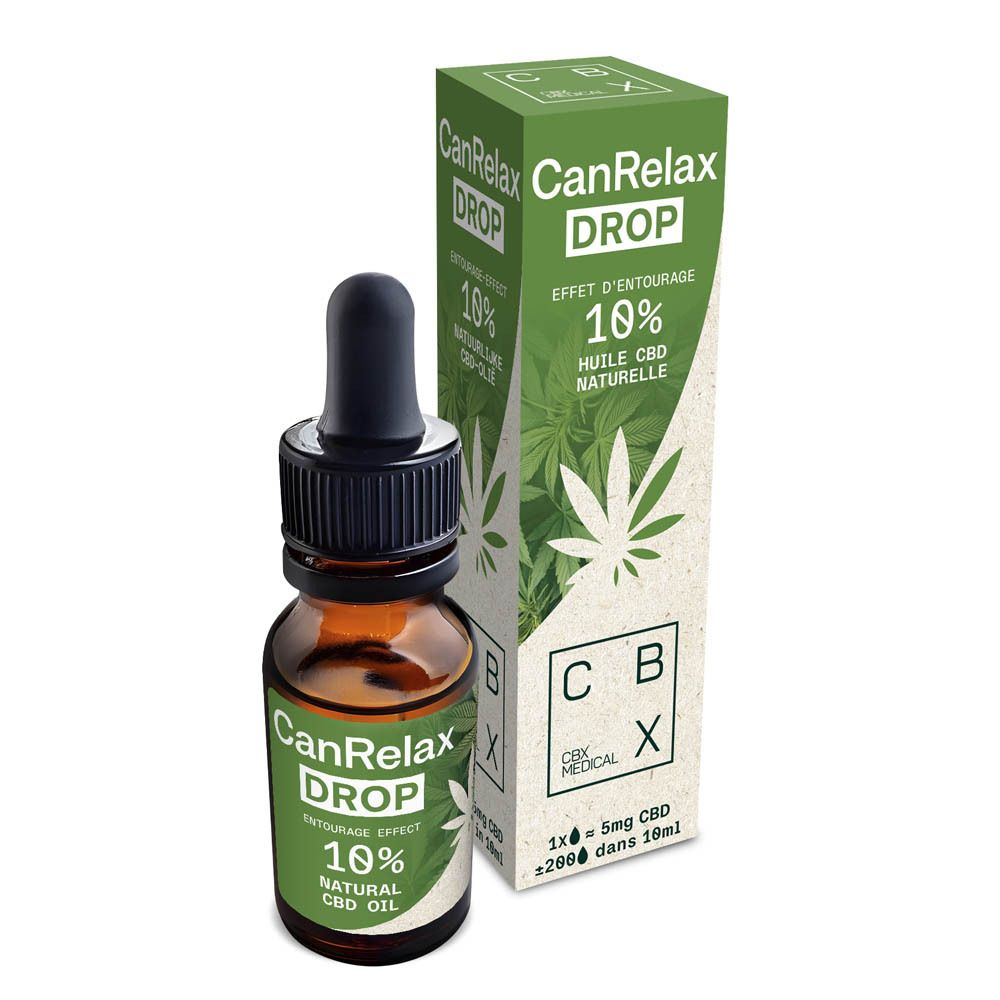 Emballage du produit avec flacon et boîte. Flacon avec compte-gouttes, étiquette: CanRelax DROP, 10% Natural CBD Oil.