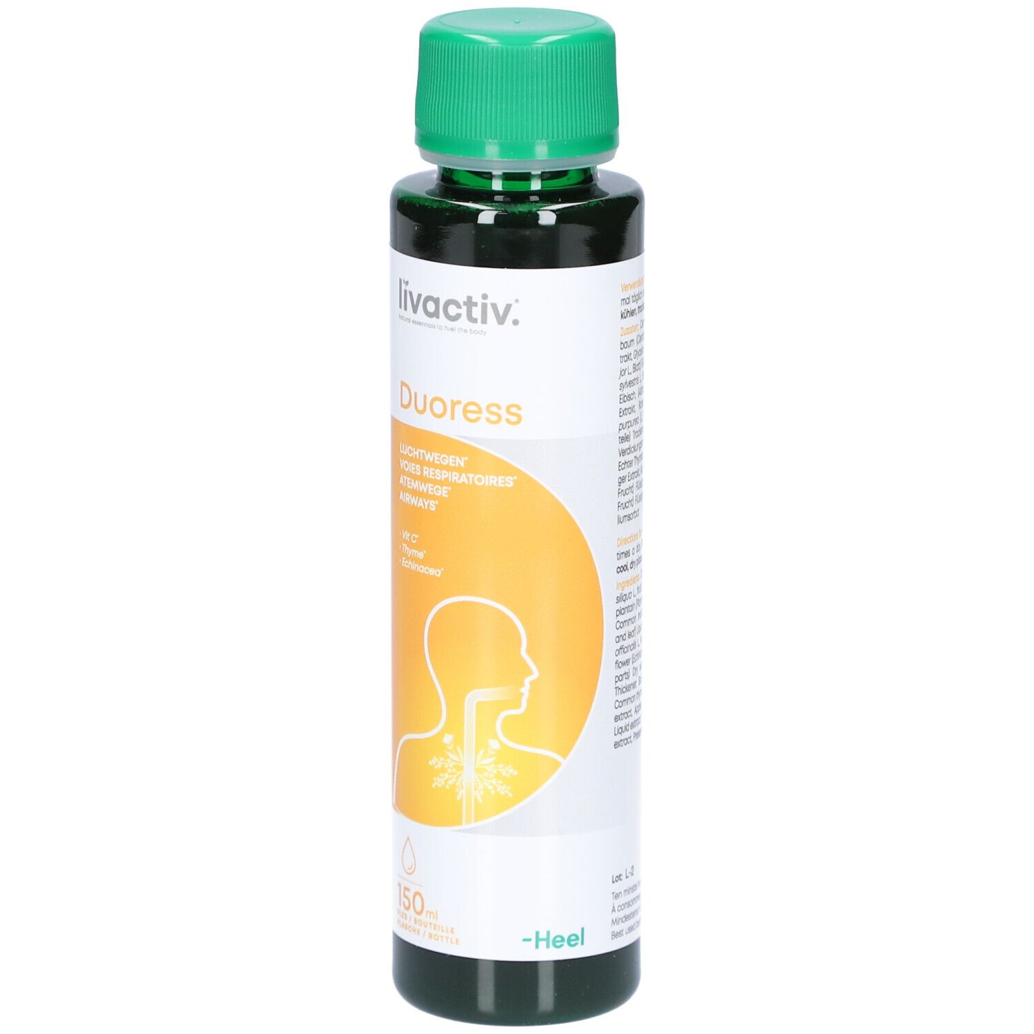 Flacon vert avec bouchon vert. Inscription : livactiv. Duoress. Illustration du système respiratoire. 150 ml.