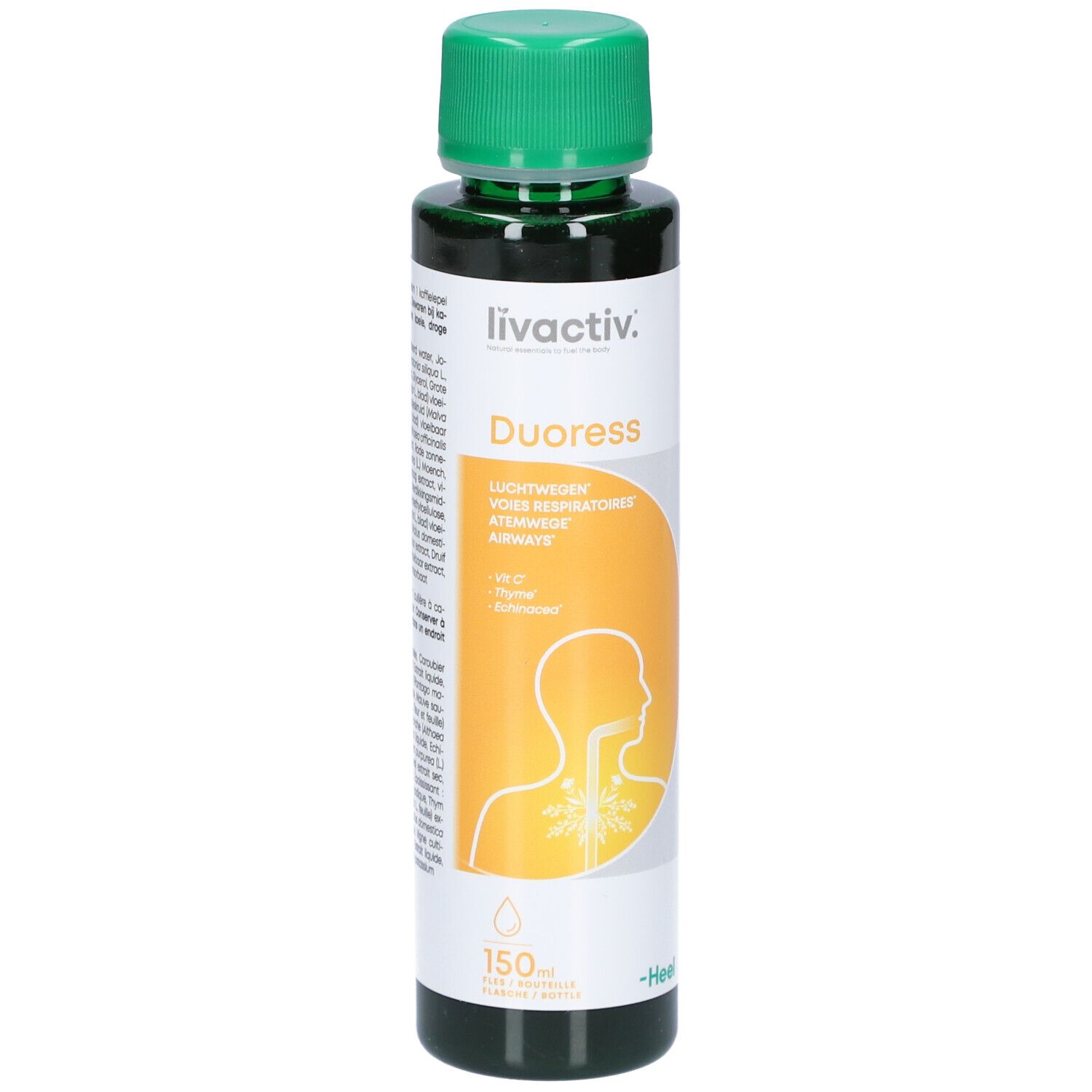 Flacon vert avec bouchon vert. Inscription : livactiv. Duoress. Illustration du système respiratoire. 150 ml.