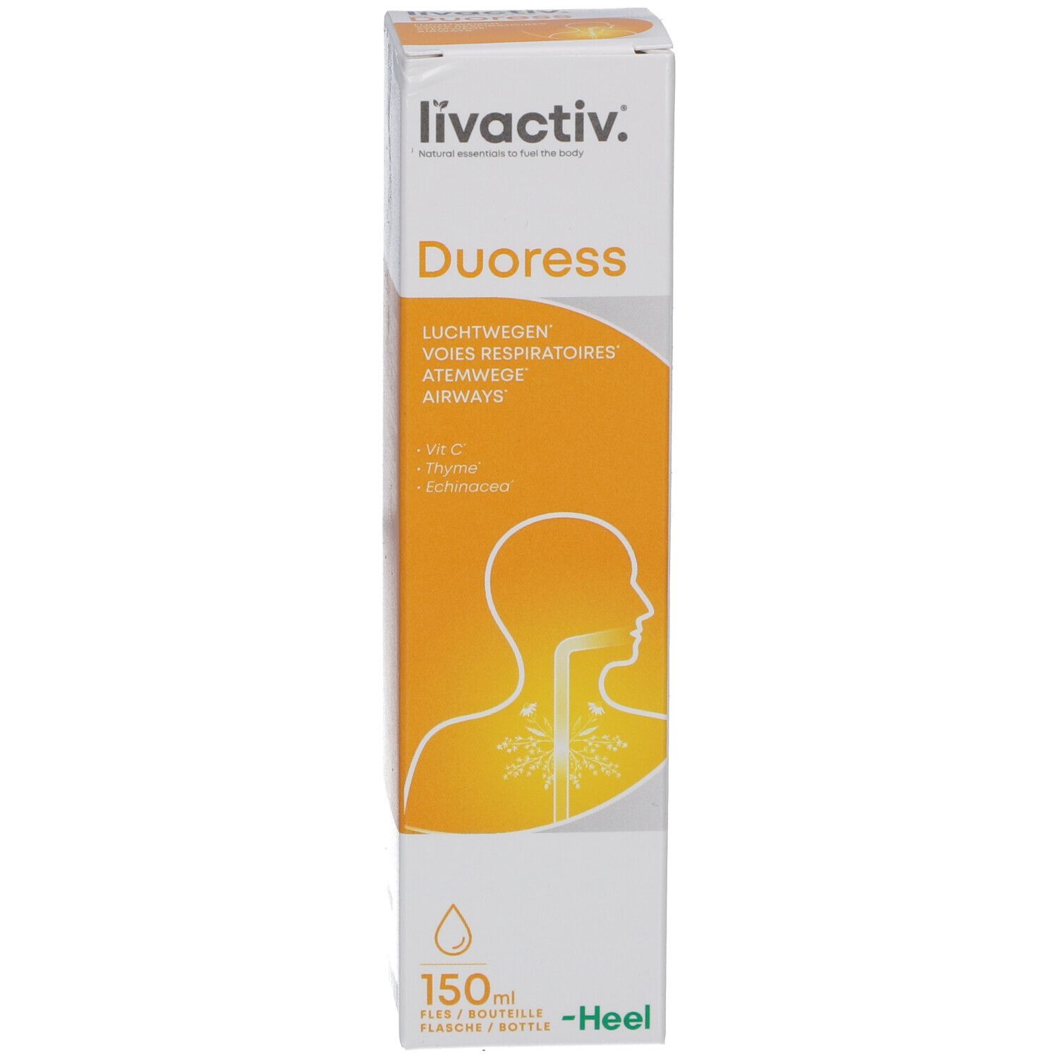 Emballage du produit. Inscription : livactiv. Duoress. Illustration du système respiratoire. 150 ml.