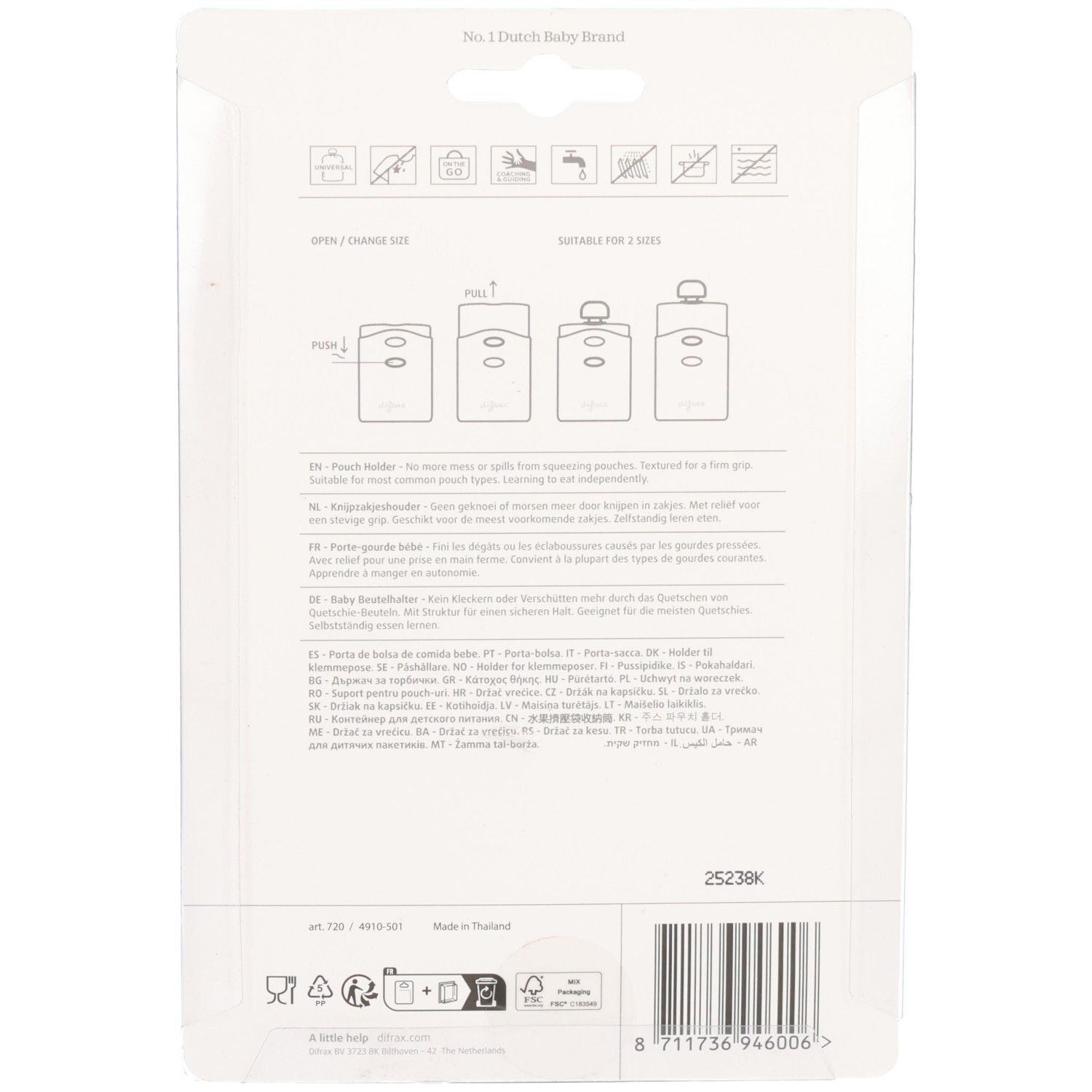 Dos de l'emballage. Illustrations d'utilisation du porte-gourde. Texte multilingue.