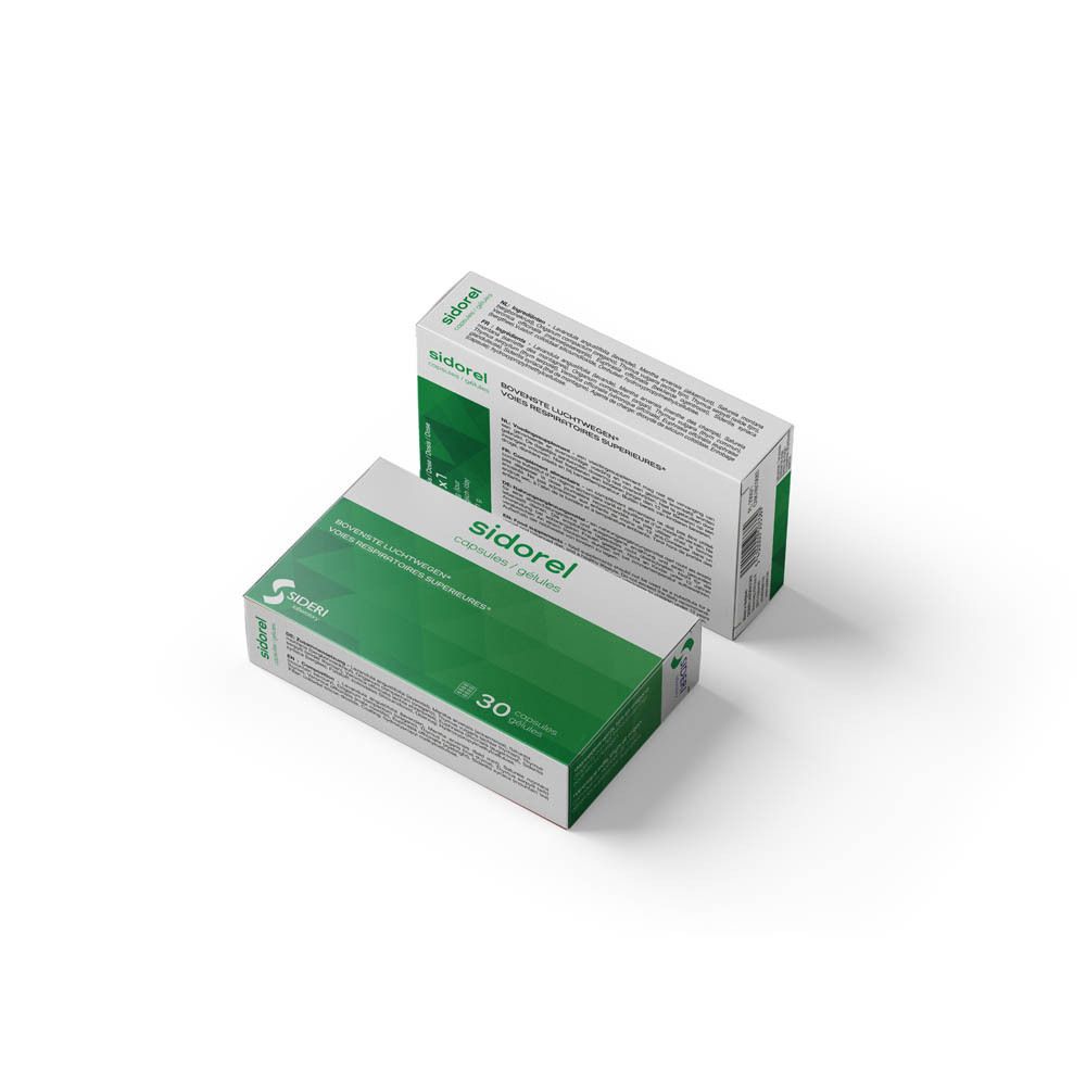 Deux boîtes de Sidorel. Design vert et blanc. 30 gélules. Logo Sideri Laboratory.