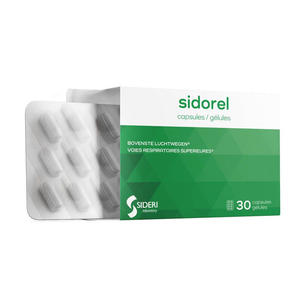 Boîte Sidorel ouverte. Plaquette de gélules. Logo Sideri Laboratory.
