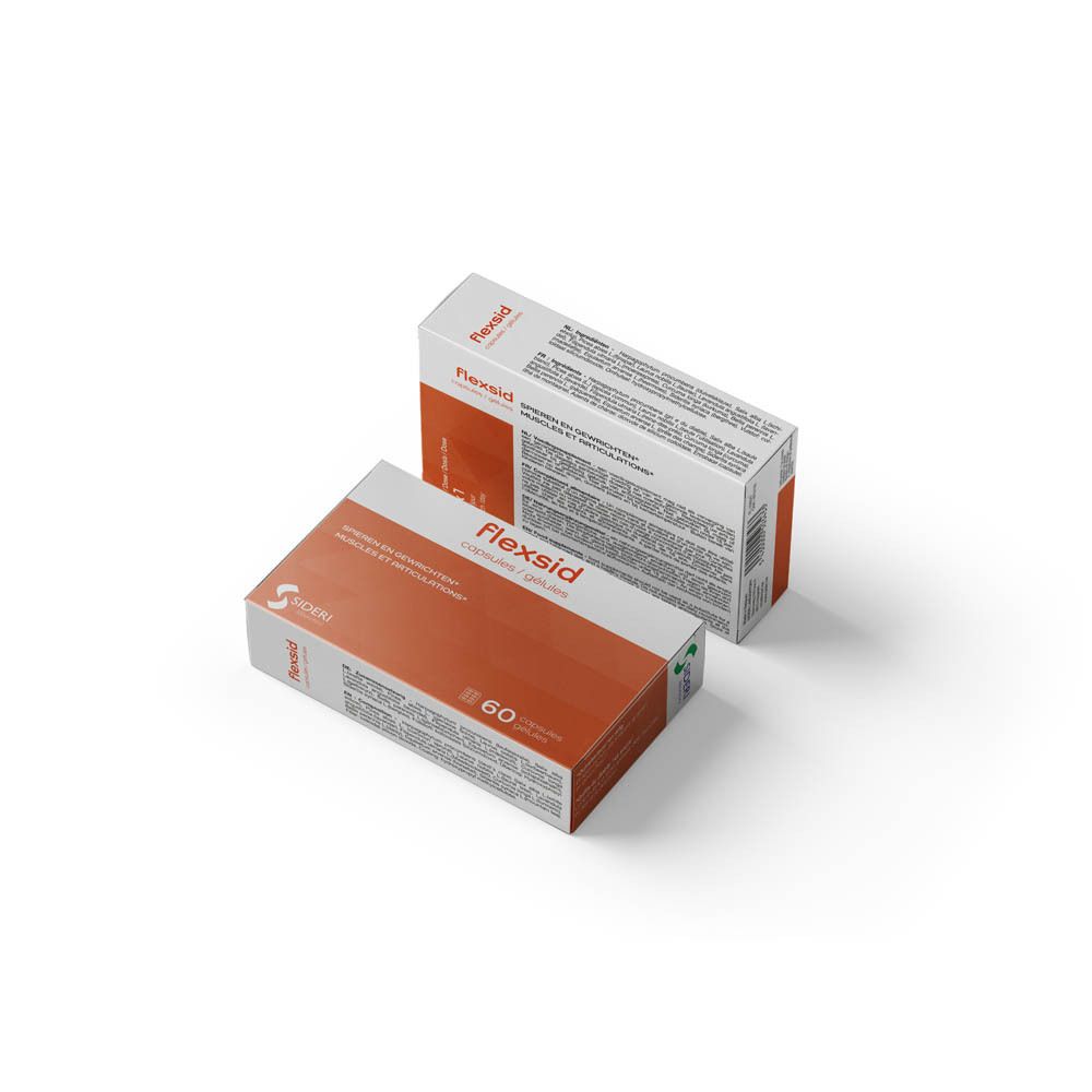 Deux boîtes Flexsid. Cartons blancs avec sections orange. Texte: Muscles et articulations. 60 gélules. Logo Sideri Laboratory.