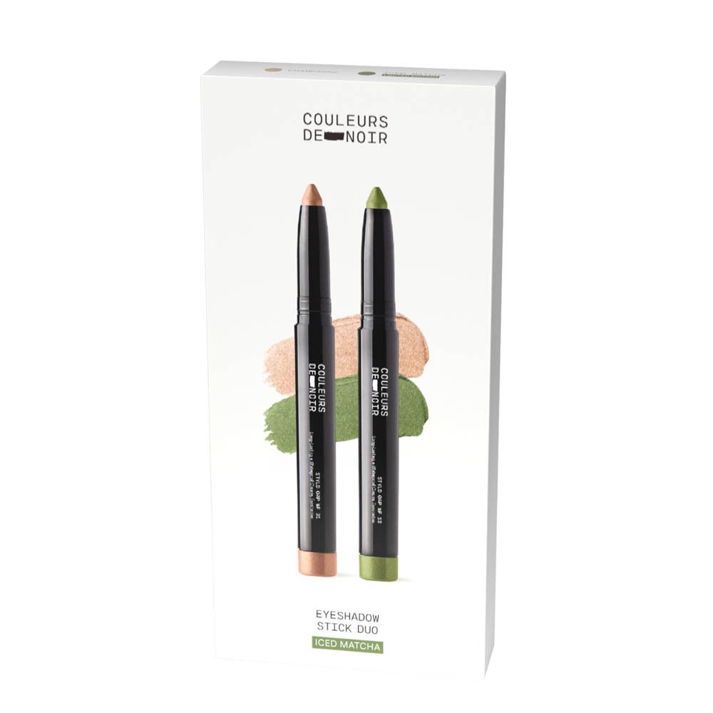 Deux crayons fard à paupières Champagne et Iced Matcha sur emballage produit.
