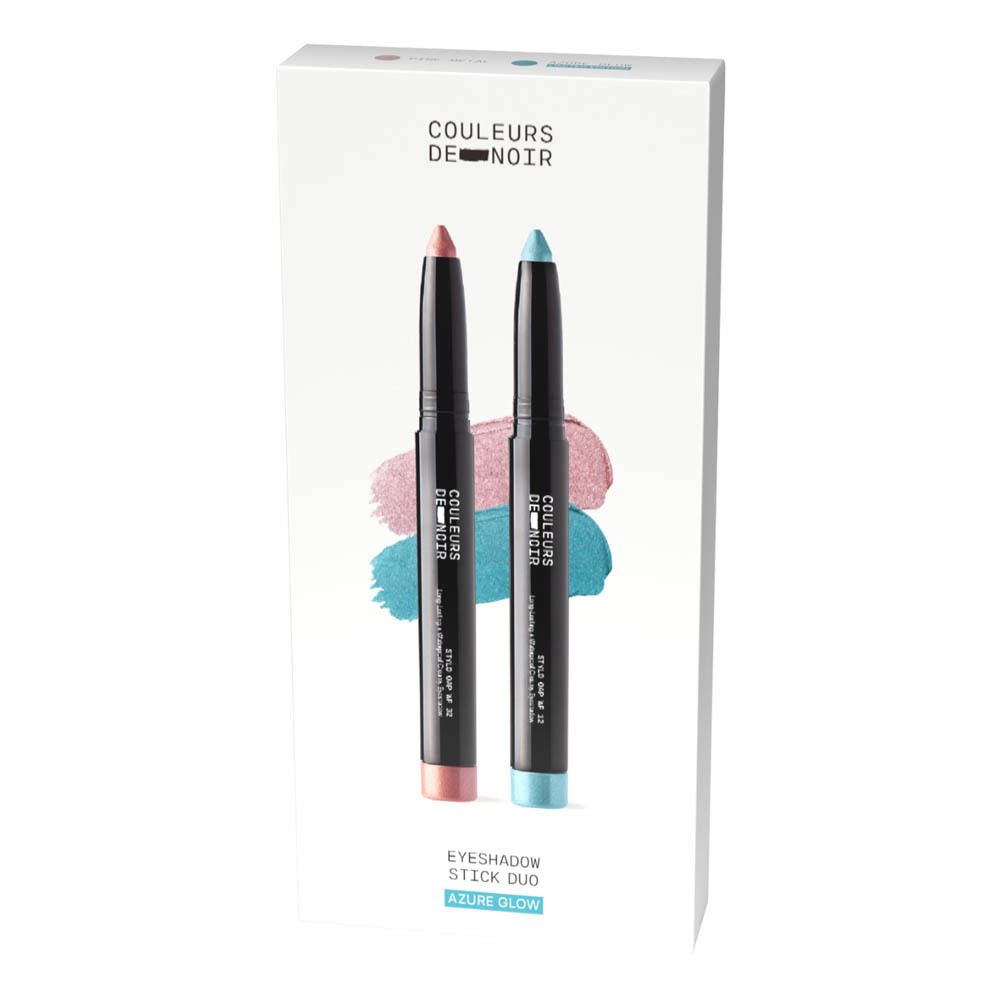 Emballage avec deux bâtons de fard à paupières rose et bleu.