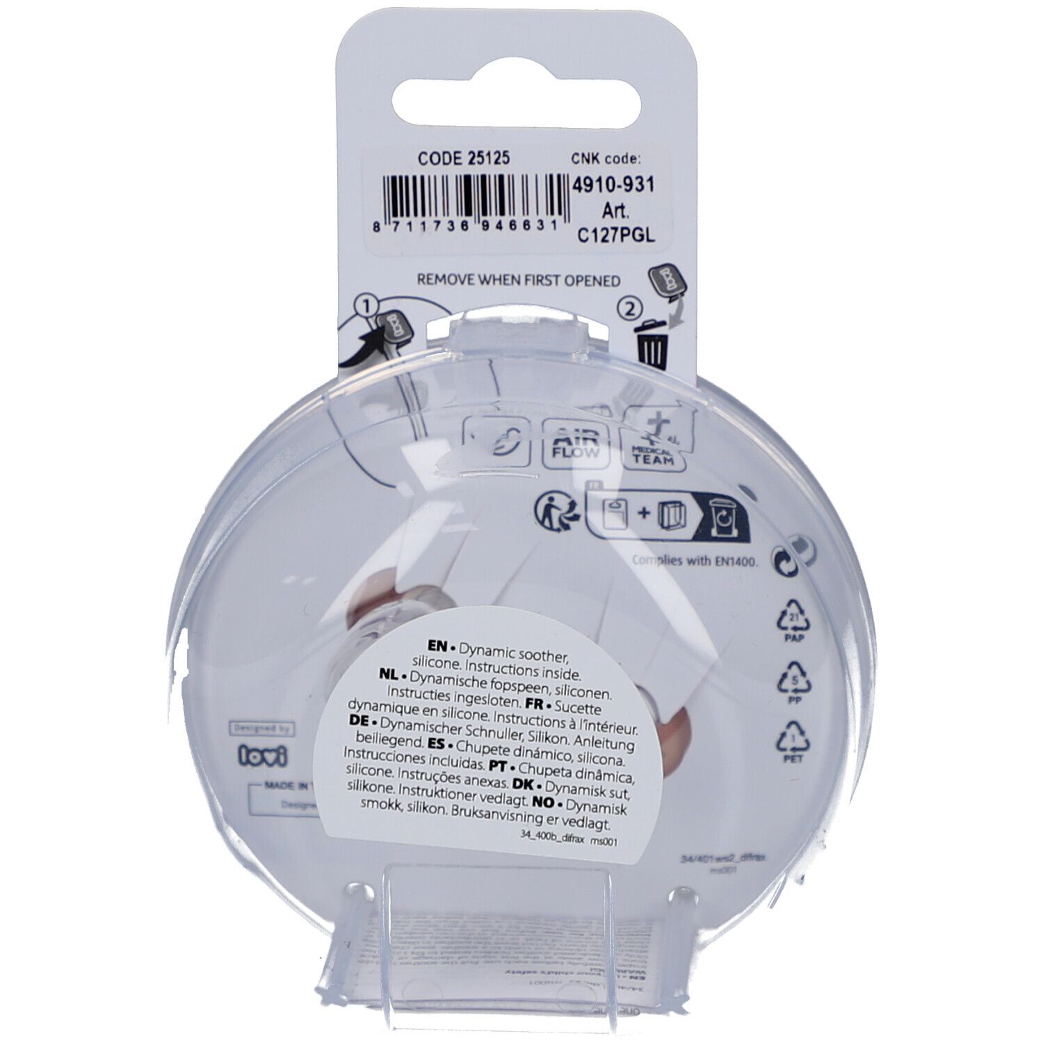 Dos de l'emballage avec informations sur le produit. Emballage rond transparent avec image du produit et texte en plusieurs langues.