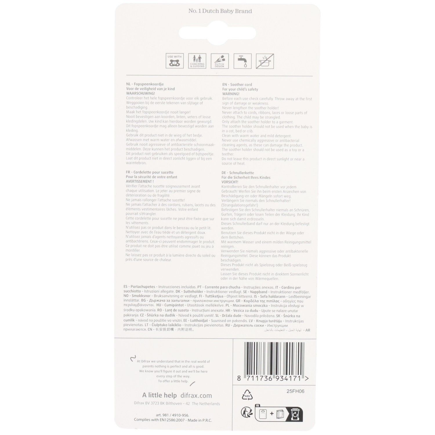 Dos de l'emballage blister avec texte multilingue. En haut: No. 1 Dutch Baby Brand. Code-barres en bas.