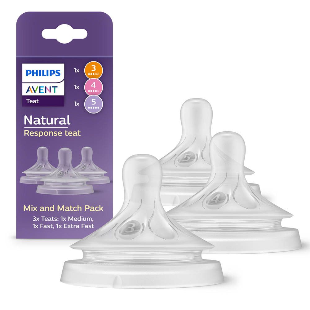 Trois tétines Philips Avent Natural Response. Indications de tailles. Pas d'emballage visible.