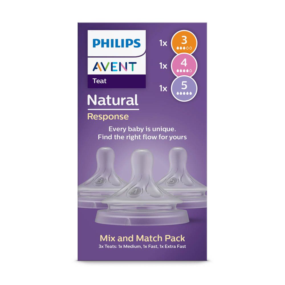 Emballage de 3 tétines Philips Avent Natural Response. Indications de tailles. Vue rapprochée.
