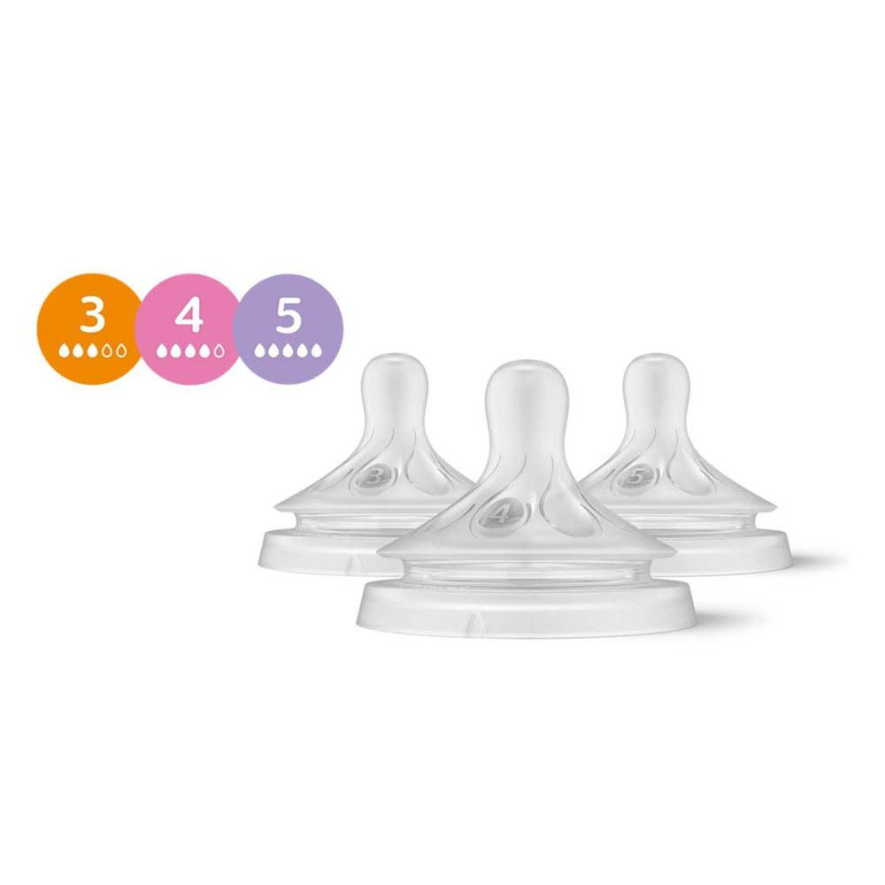 Trois tétines Philips Avent Natural Response. Indications de tailles. Pas d'emballage visible.