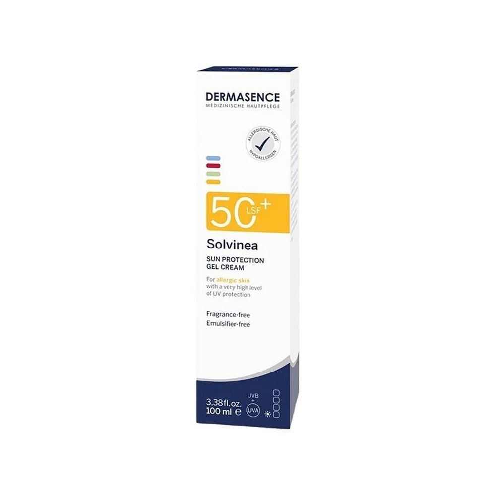 Emballage carton de gel solaire. Inscriptions: Dermasence, Solvinea, SPF 50+. Sans parfum, sans émulsifiant. 100 ml.