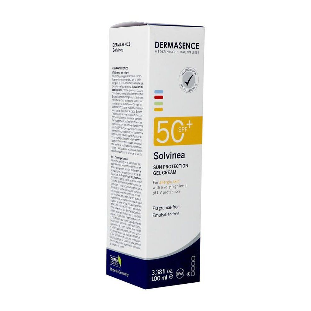 Emballage carton de gel solaire. Inscriptions: Dermasence, Solvinea, SPF 50+. Avec texte et logo.