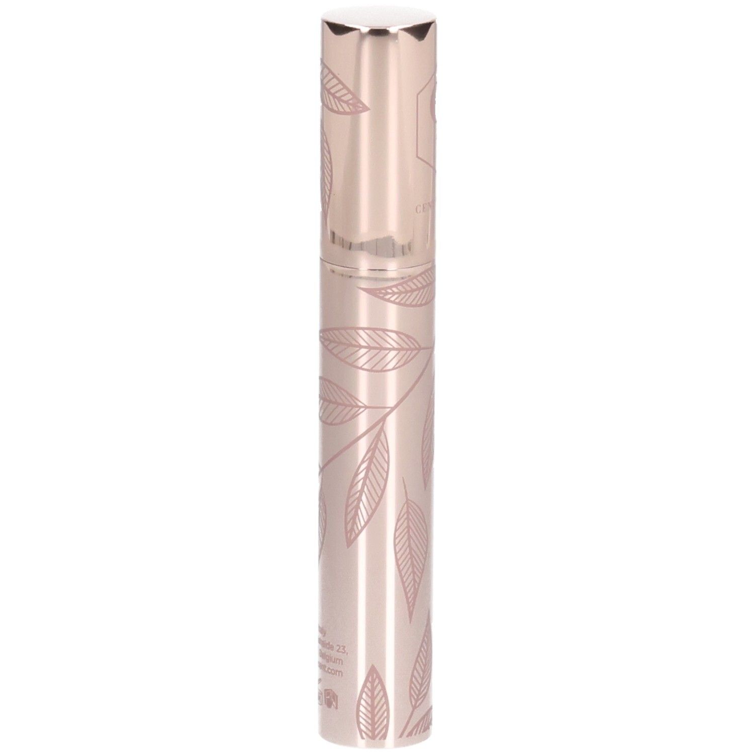 Tube de mascara cylindrique, or rose avec motif de feuilles. Bouchon argenté. Inscription illisible.