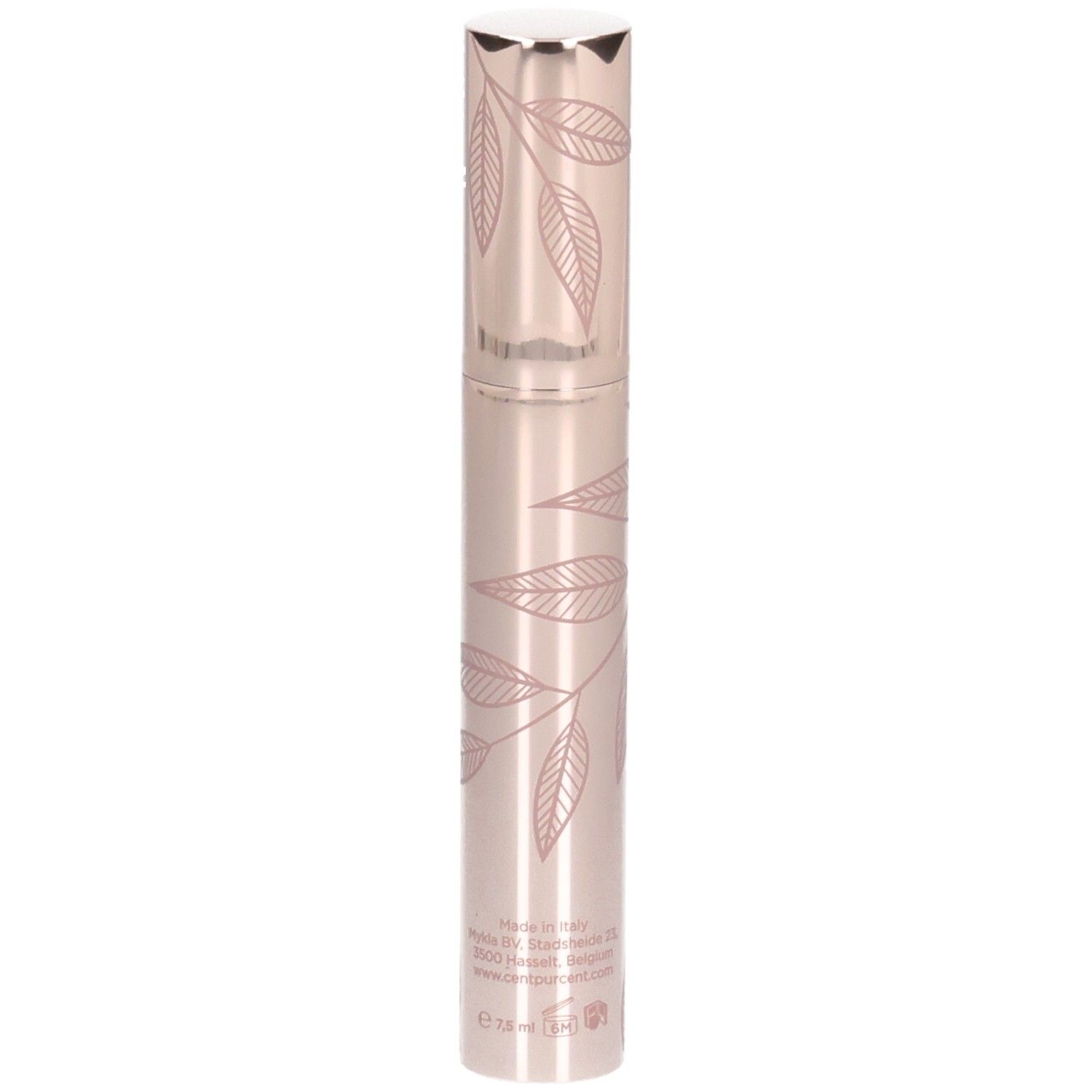 Tube de mascara cylindrique, or rose avec motif de feuilles. Bouchon argenté. Inscription illisible.