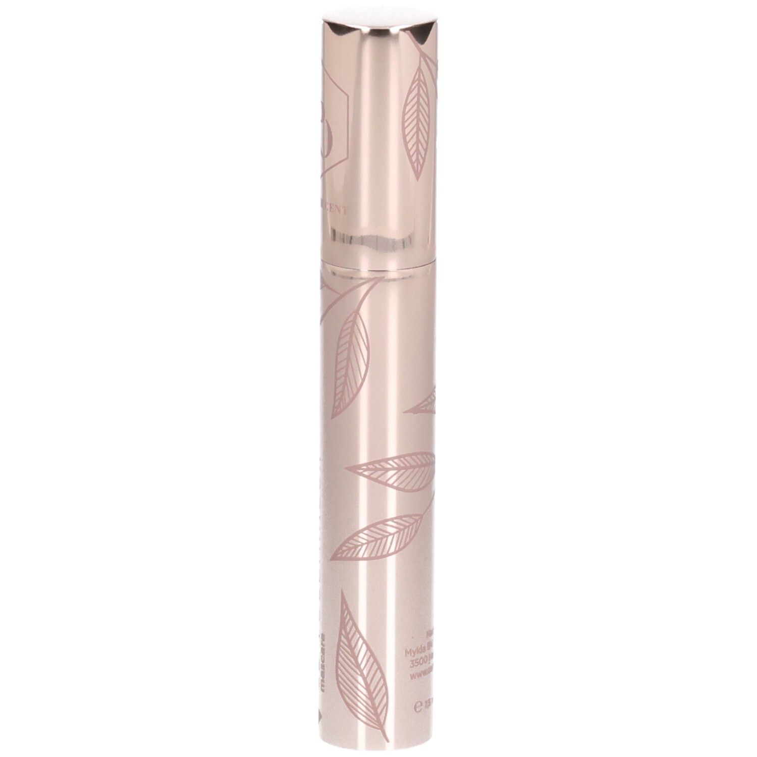 Tube de mascara cylindrique, or rose avec motif de feuilles. Bouchon argenté. Inscription illisible.