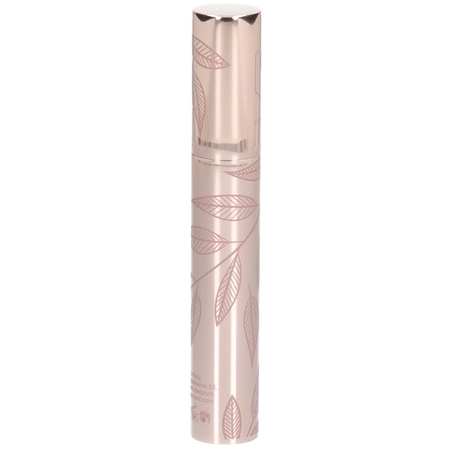 Tube de mascara cylindrique, or rose avec motif de feuilles. Bouchon argenté. Inscription illisible.