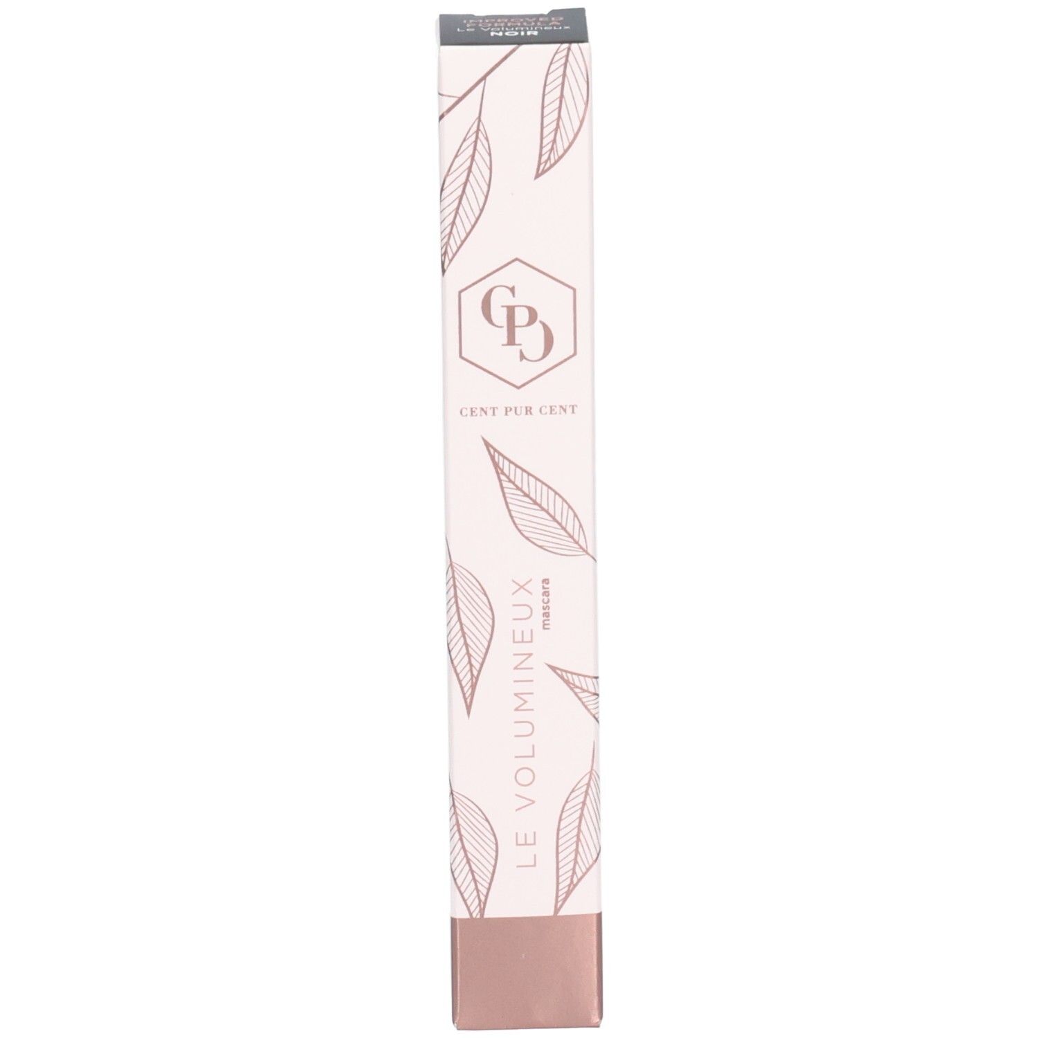 Emballage de mascara. Boîte blanc-rose avec logo, motif de feuilles et texte: LE VOLUMINEUX, Mascara.
