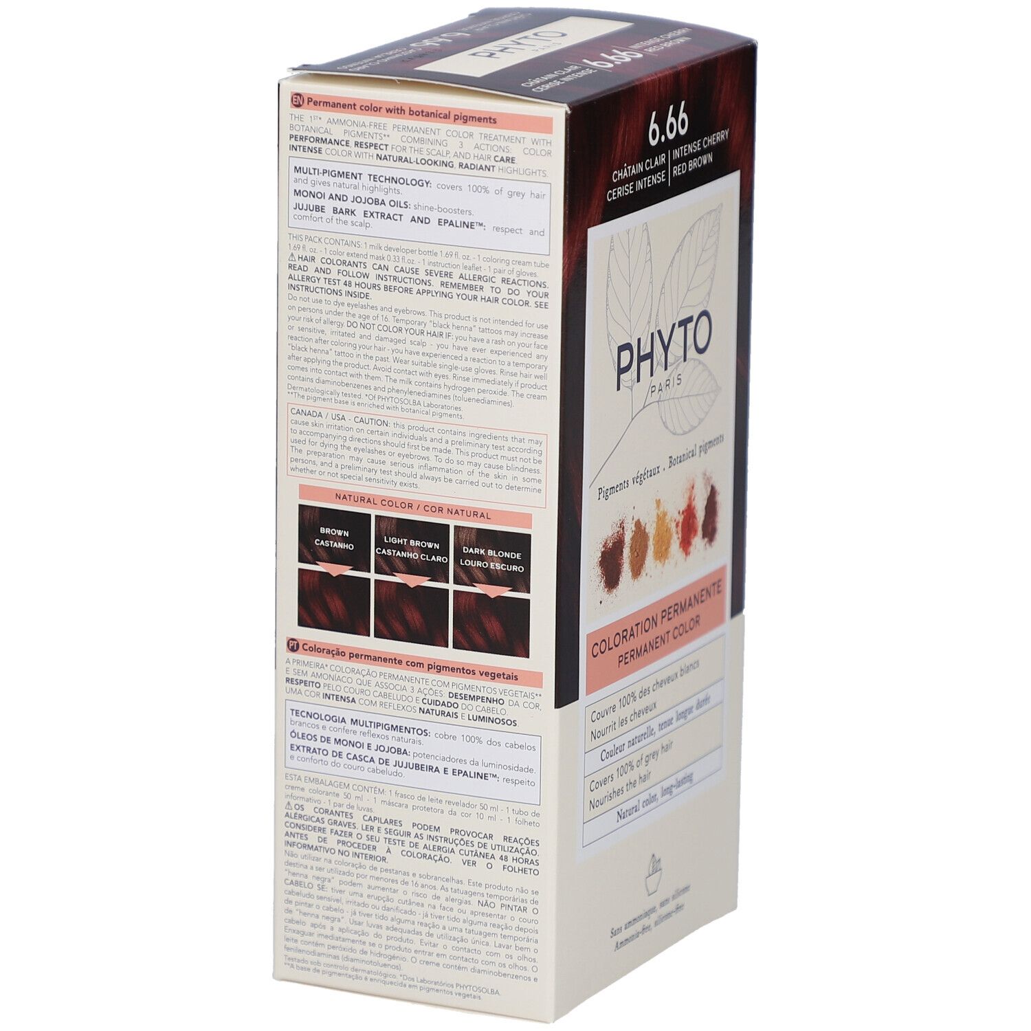 Boîte Phyto Paris 6.66, vue latérale. Inscriptions : pigments végétaux, couleur permanente, couvre les cheveux blancs. 