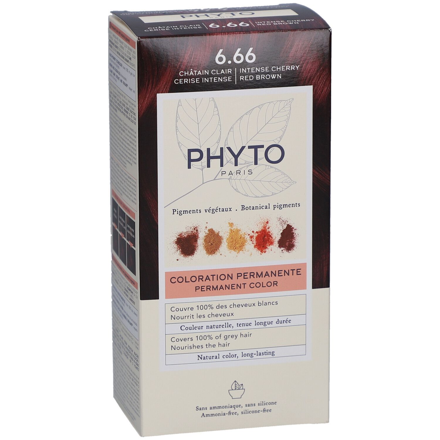 Boîte Phyto Paris 6.66, vue en biais. Inscriptions : pigments végétaux, couleur permanente, couvre les cheveux blancs.