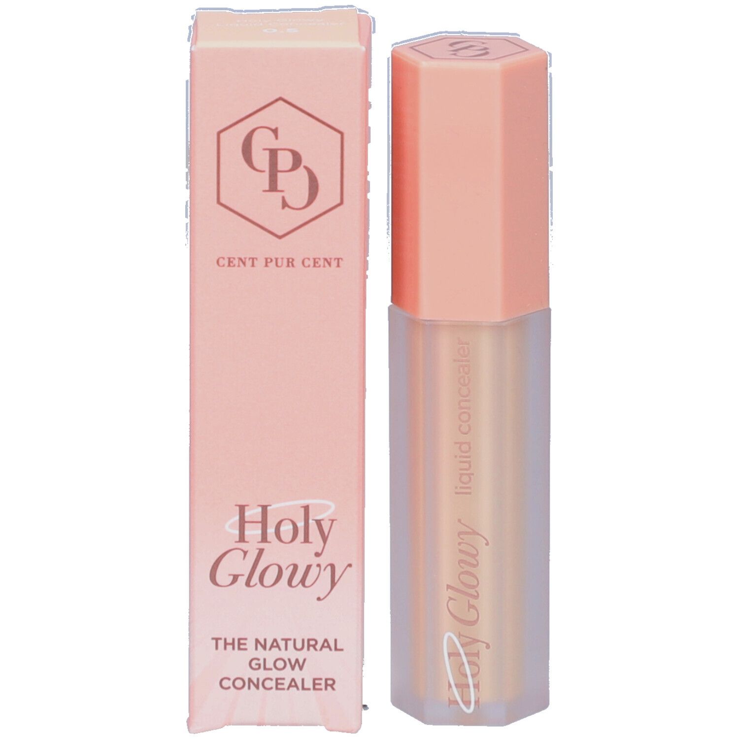 Contenant et emballage de correcteur. Inscription: CENT PUR CENT, Holy Glowy, THE NATURAL GLOW CONCEALER.