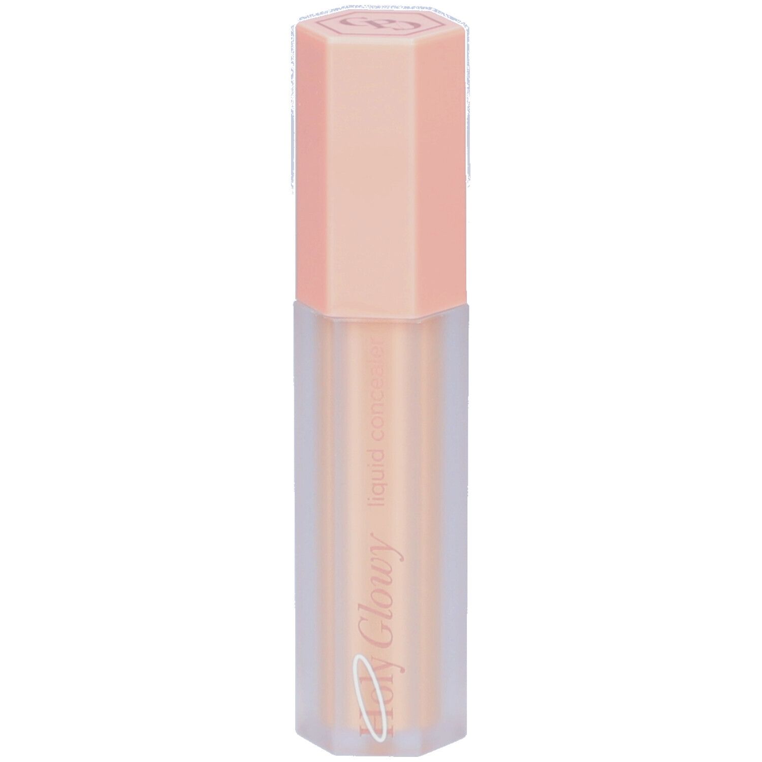 Correcteur liquide dans un flacon hexagonal avec un bouchon rose. Inscription : Holy Glowy liquid concealer.