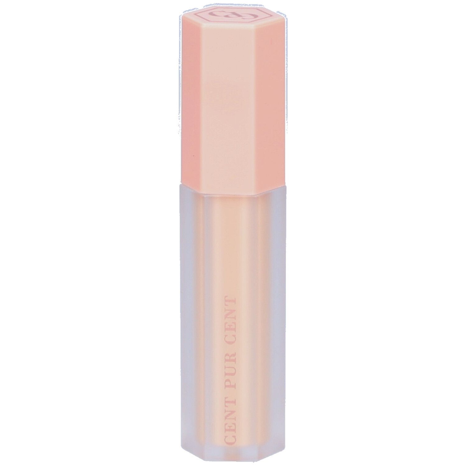 Correcteur liquide dans un flacon hexagonal avec un bouchon rose. Inscription : Cent Pur Cent.