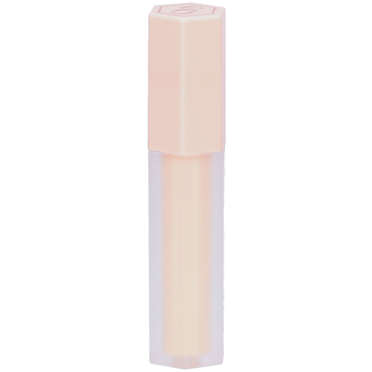 Correcteur liquide dans un flacon hexagonal avec un bouchon rose. Le contenu est visible.