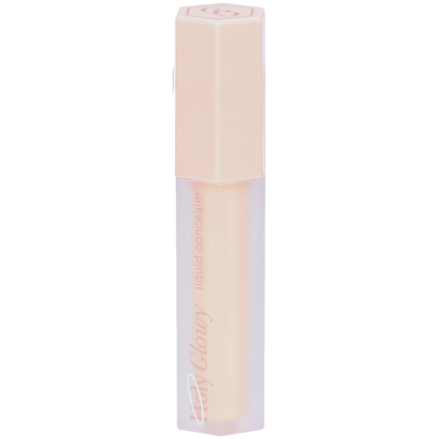 Correcteur liquide dans un flacon hexagonal avec un bouchon rose. Inscription : Holy Glowy liquid concealer.