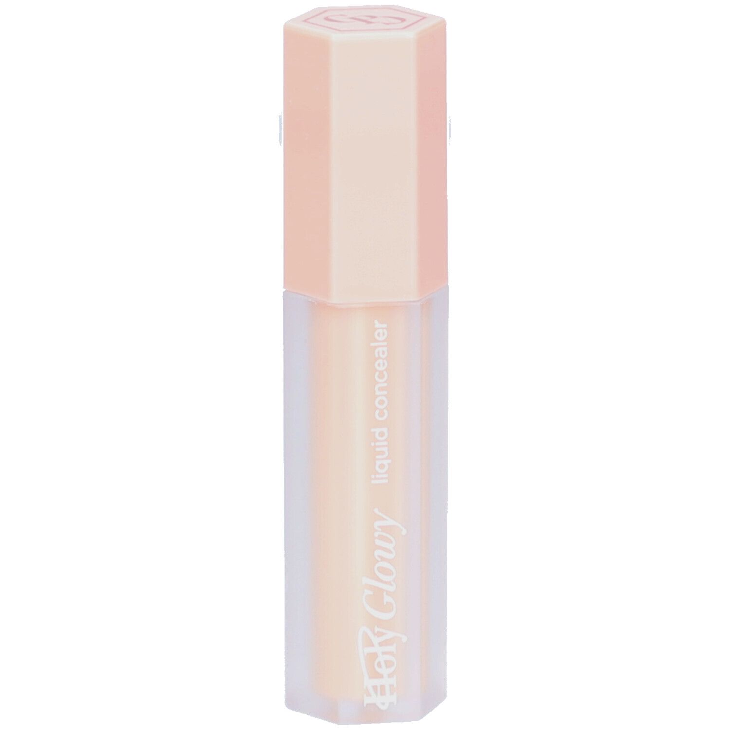 Correcteur liquide dans un flacon hexagonal avec un bouchon rose. Inscription : Holy Glowy liquid concealer.