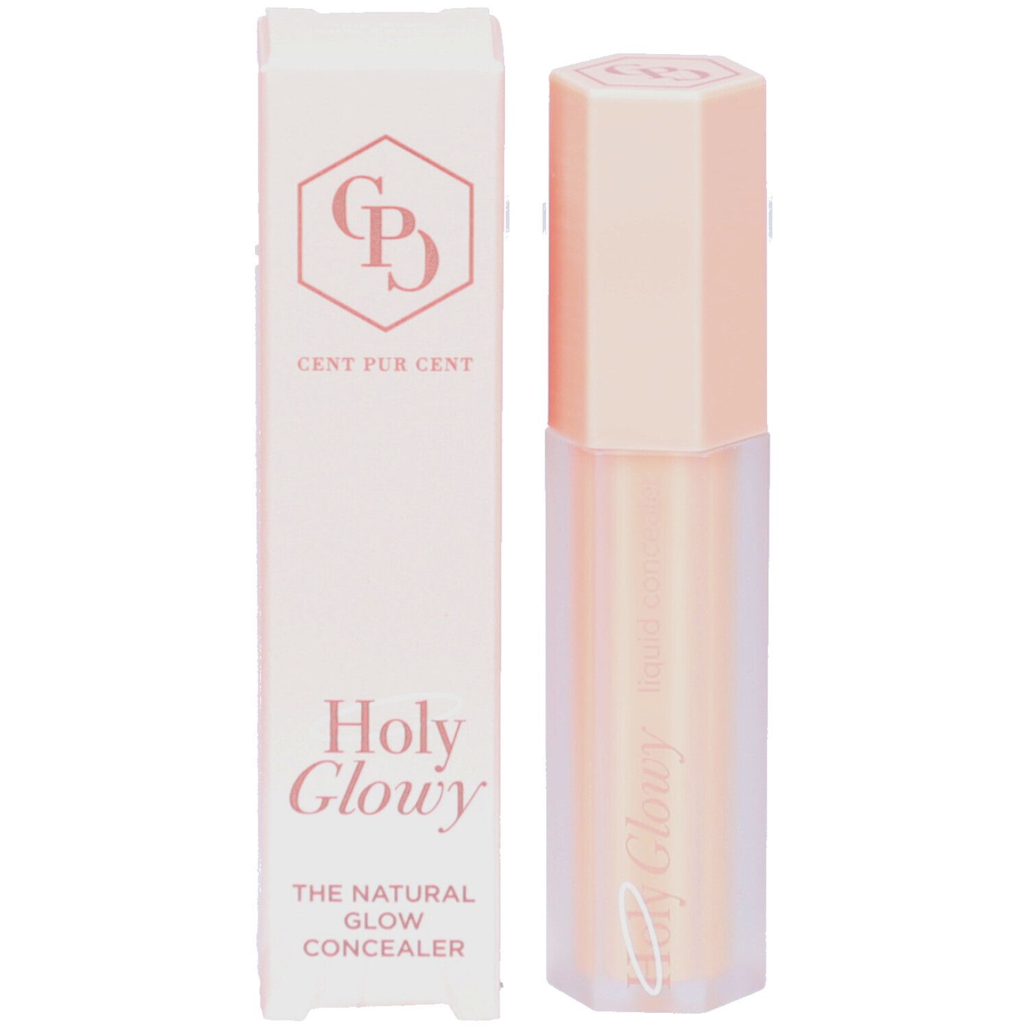 Flacon de correcteur et emballage. Emballage avec logo et texte : Holy Glowy The Natural Glow Concealer.