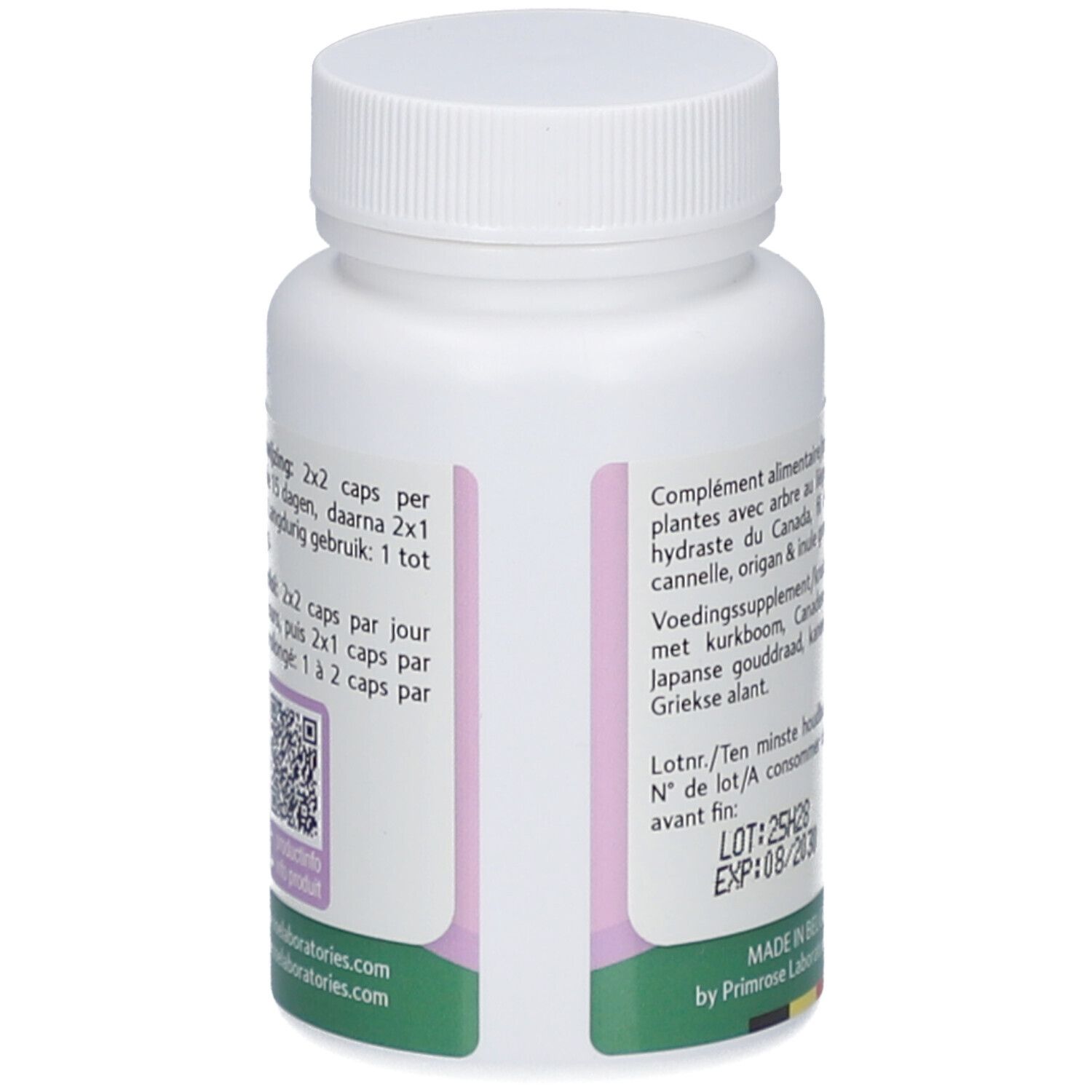 Dos du flacon de pilules blanc. Texte en plusieurs langues. Code QR et date de péremption.