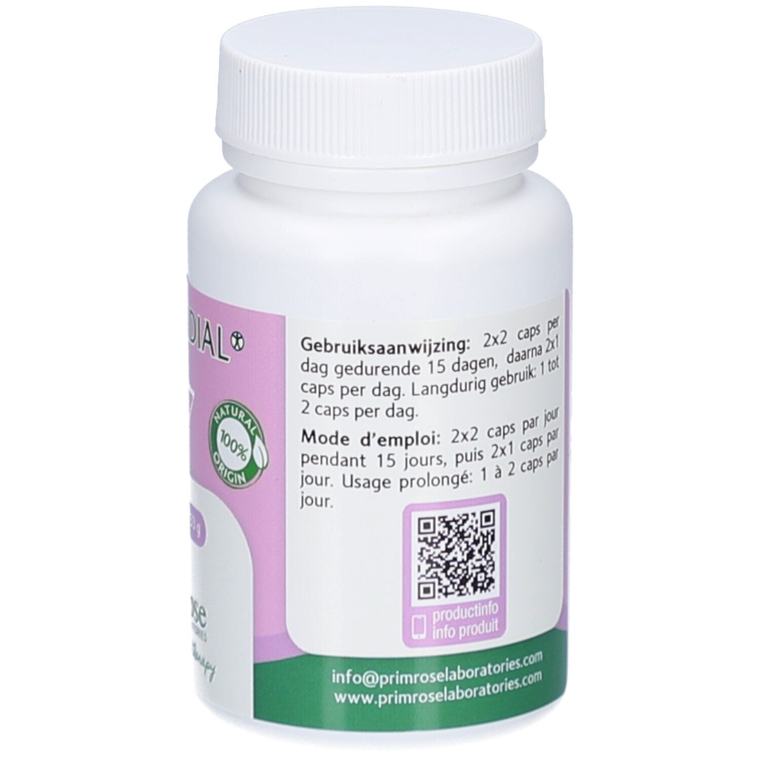 Dos du flacon de pilules blanc. Texte en plusieurs langues. Code QR et mode d'emploi.