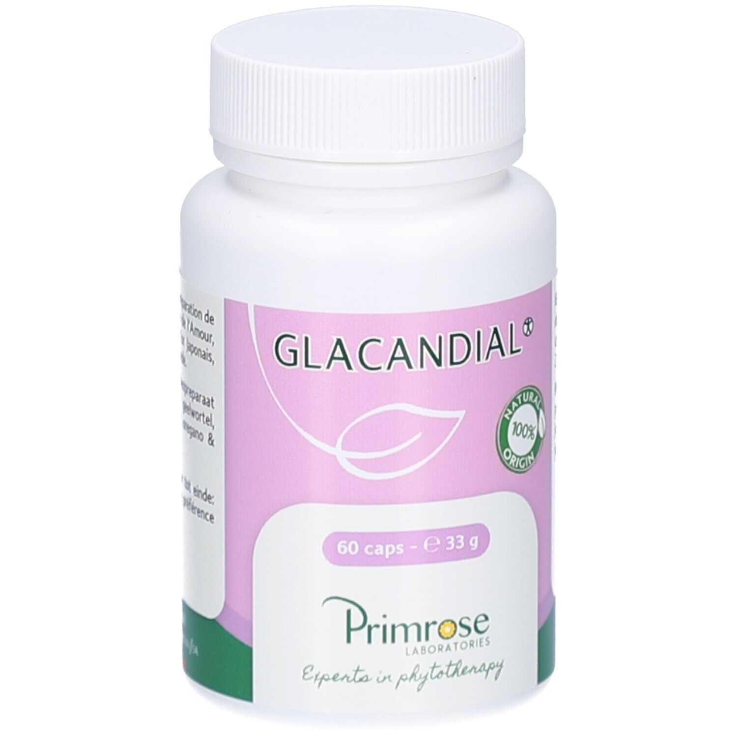 Flacon de pilules blanc avec bouchon à vis. Étiquette avec nom du produit et informations. 60 gélules.