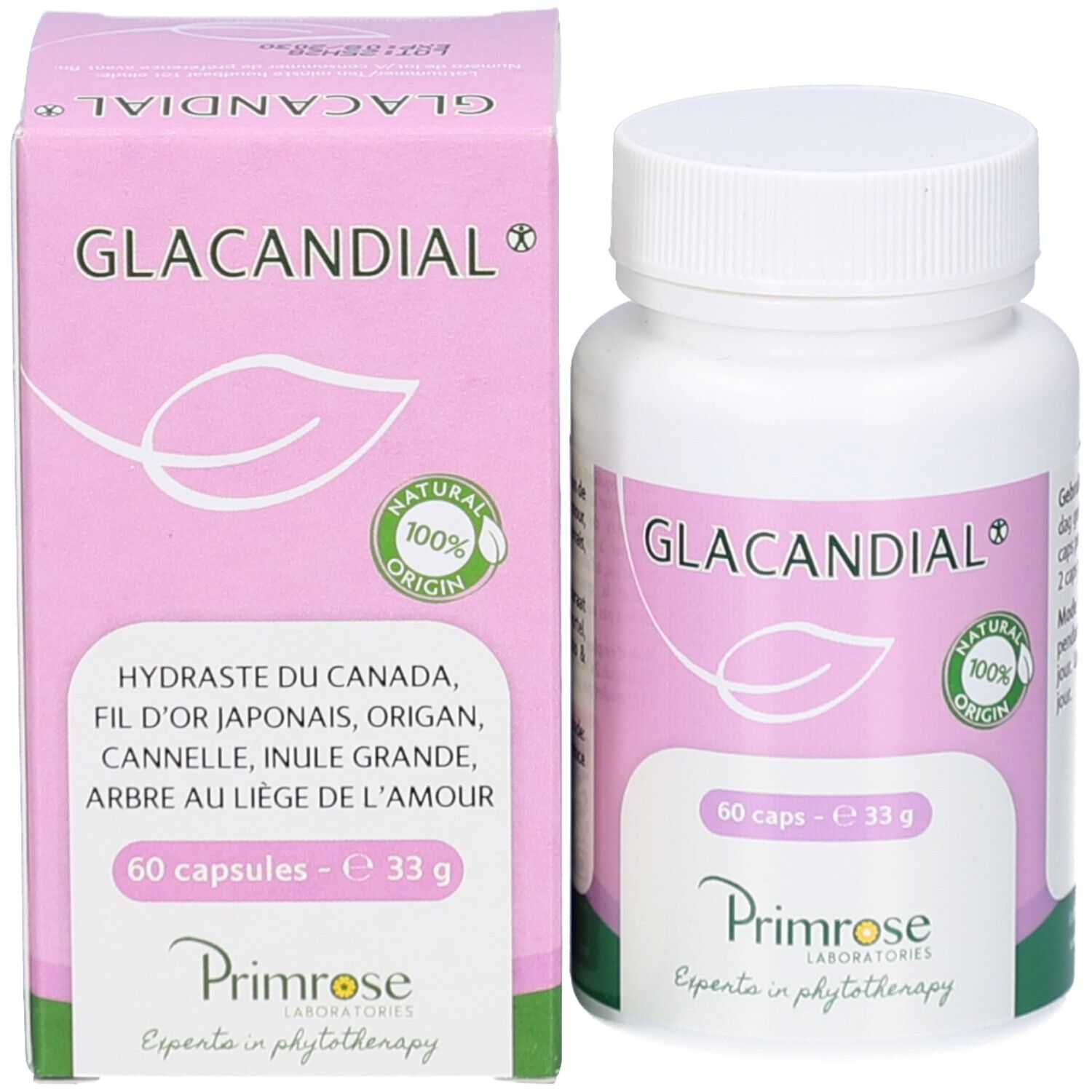 Emballage du produit et flacon de pilules. Emballage avec nom du produit et informations. 60 gélules.