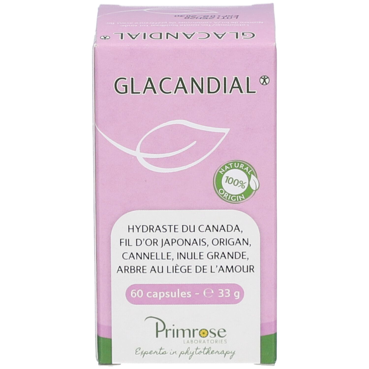 Emballage du produit. Boîte rose avec nom du produit et informations. 60 gélules.