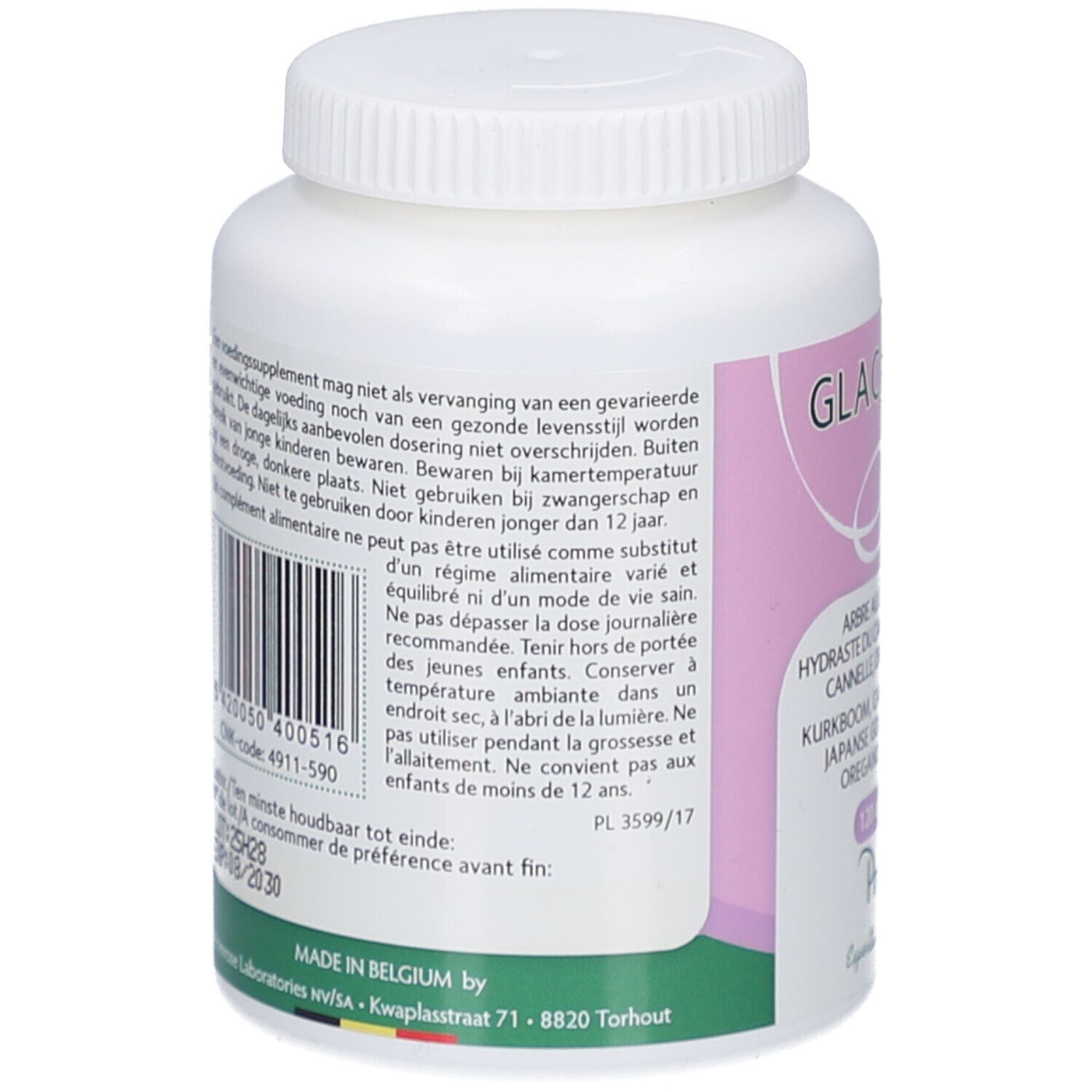 Dos du flacon blanc. Texte multilingue. Inscription: Glacandial. Fabriqué en Belgique.