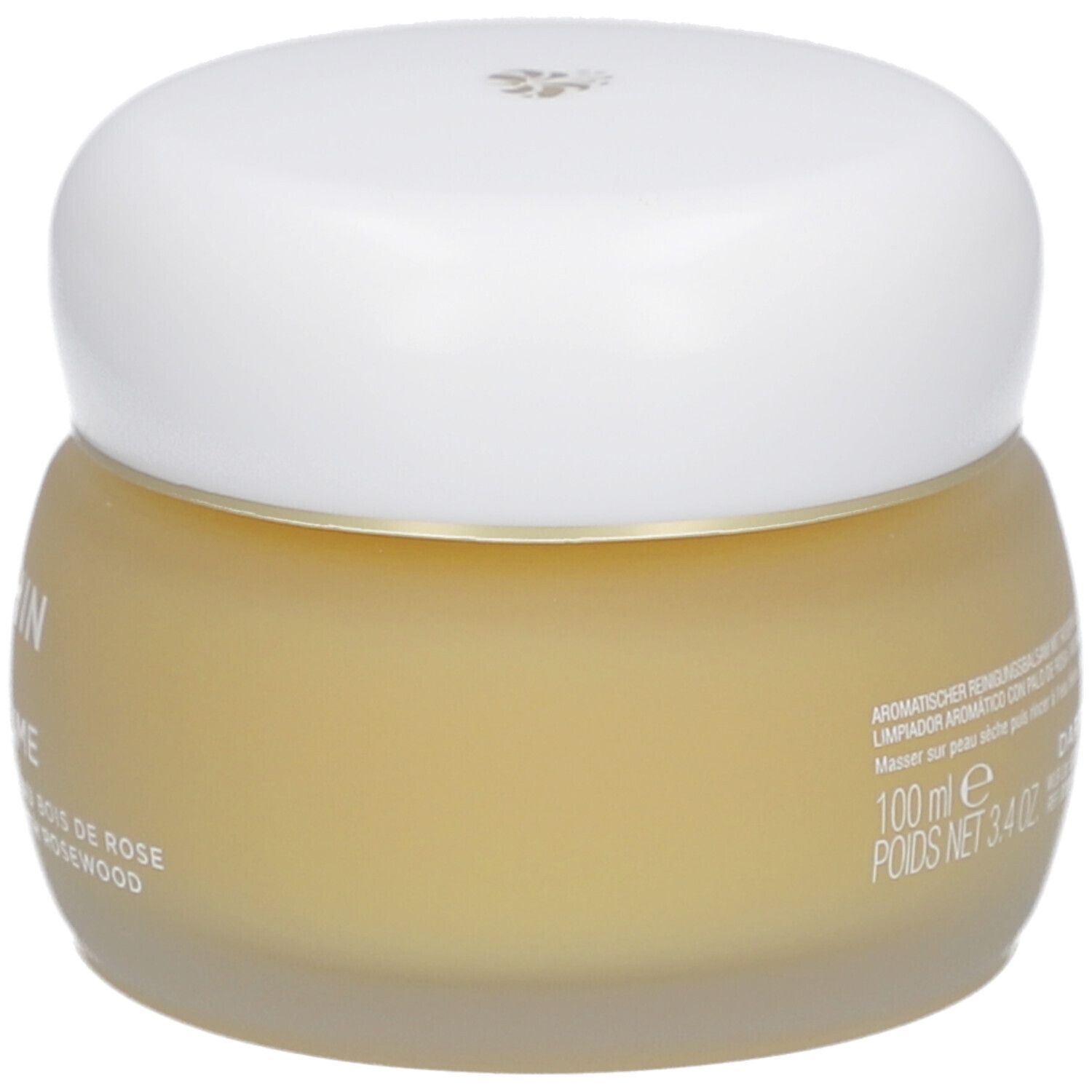 Pot rond en verre avec crème jaunâtre et couvercle blanc. Texte: Darphin, Eclat Sublime, 100 ml.