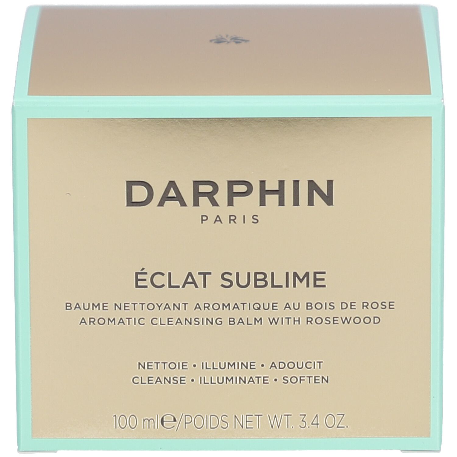Emballage. Boîte rectangulaire avec texte: Darphin, Eclat Sublime, Baume nettoyant.