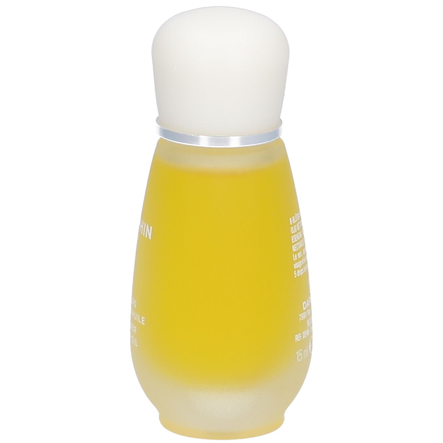 Flacon goutte avec liquide jaune et bouchon blanc. Inscription: Darphin, 15 ml.