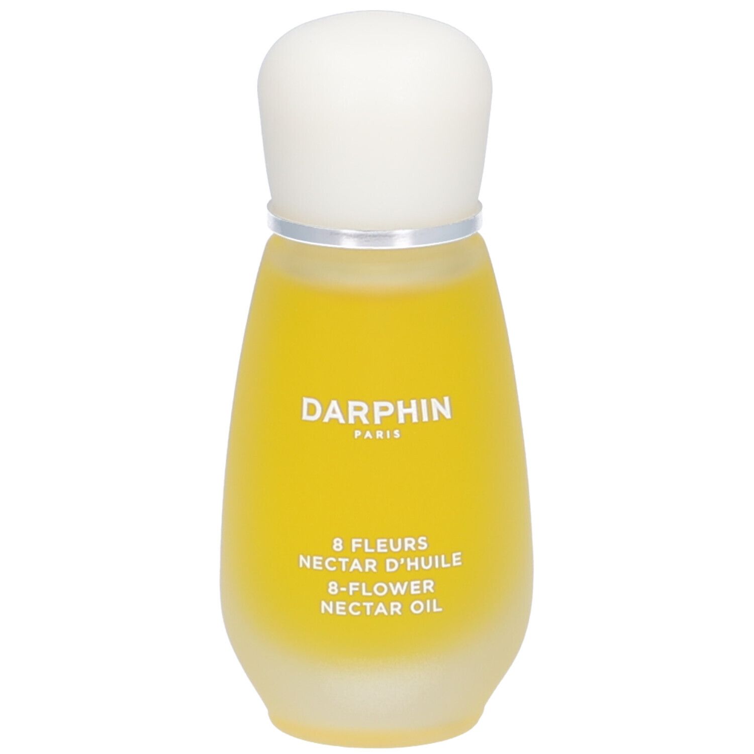 Flacon goutte avec liquide jaune et bouchon blanc. Texte: Darphin, 8 Fleurs Nectar Oil.