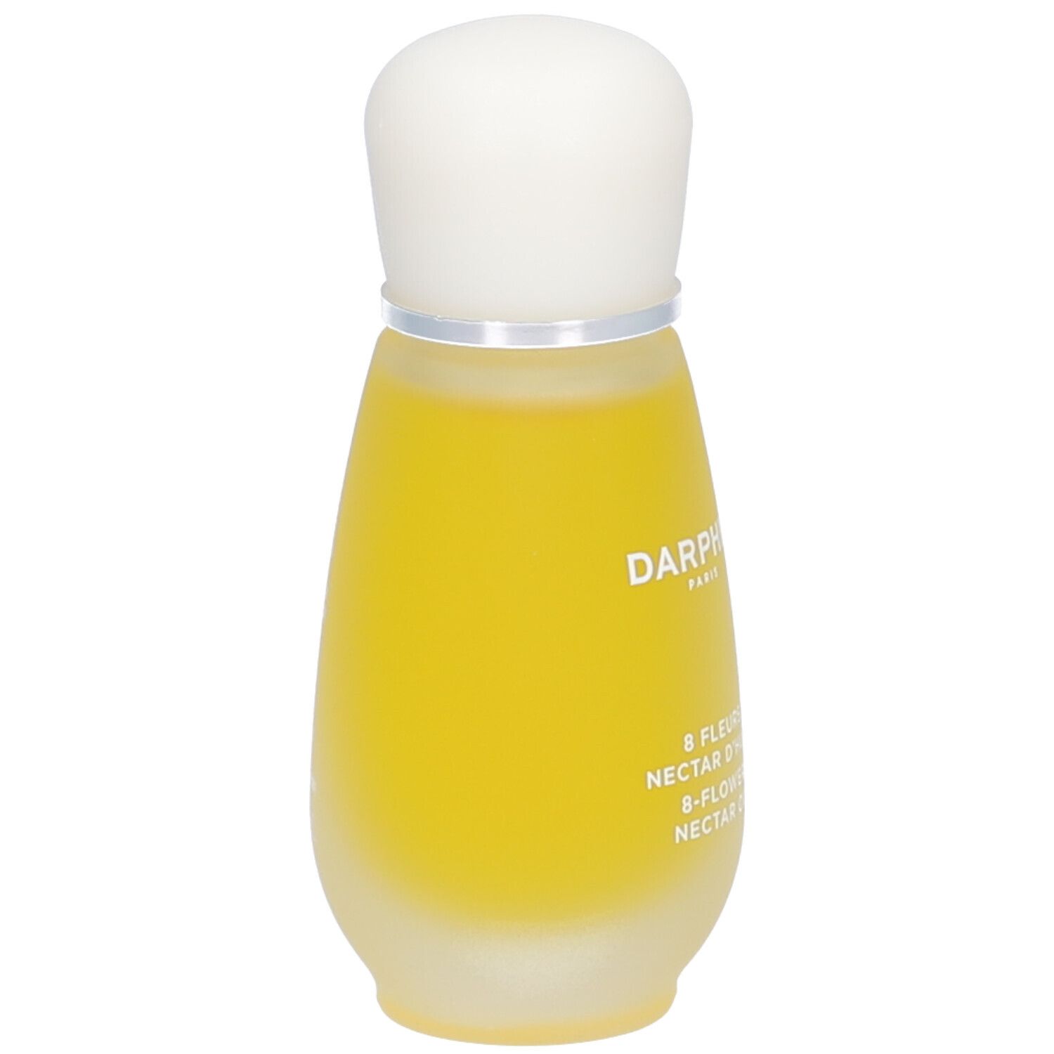 Flacon goutte avec liquide jaune et bouchon blanc. Texte: Darphin, 8 Fleurs Nectar Oil.