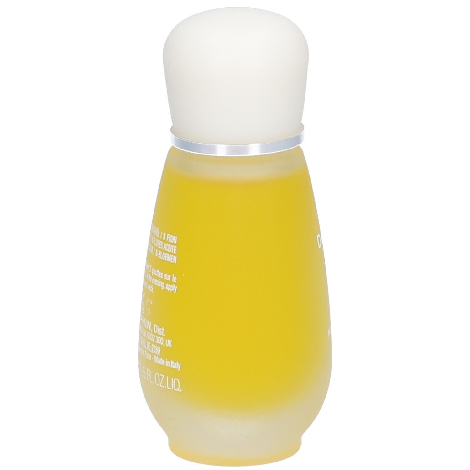 Flacon goutte avec liquide jaune et bouchon blanc. Texte: Darphin, 15 ml, 0.5 FL.OZ.LIQ.
