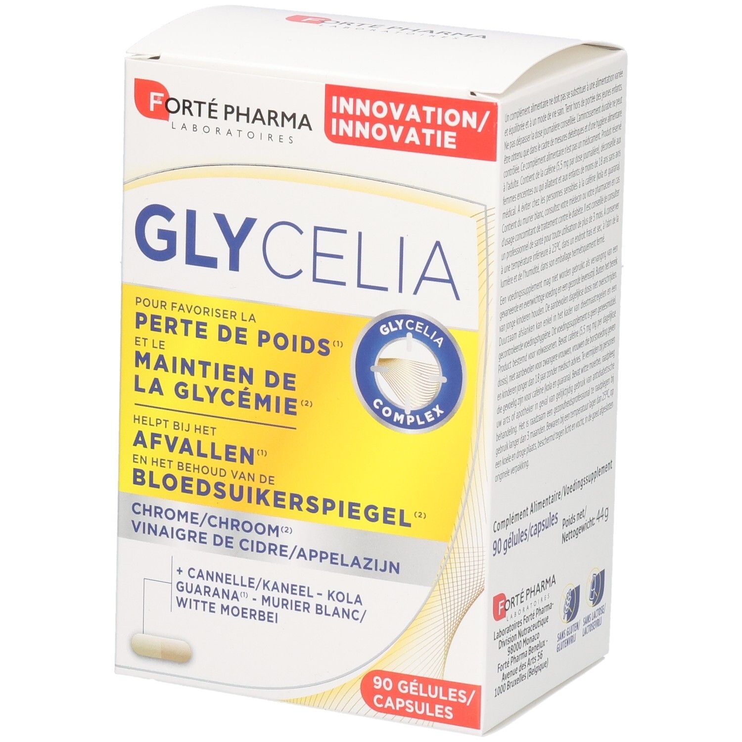Boîte blanche Forte Pharma Glycelia. Contient 90 gélules. Inscriptions: Perte de poids, maintien de la glycémie, afvallen.