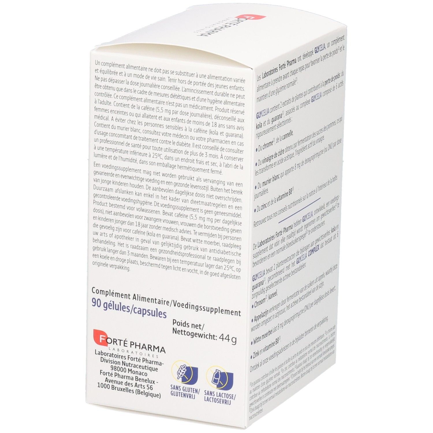 Boîte blanche Forte Pharma Glycelia. Texte en français et néerlandais. Contient 90 gélules. Inscription: Complément alimentaire.